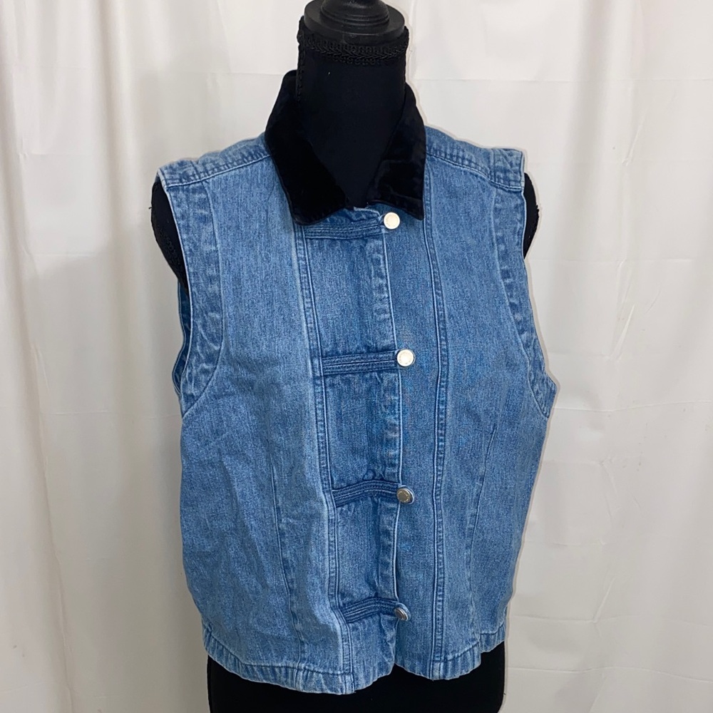Blue Denim Vest with Black velvet Collar Vintage Petite Large
